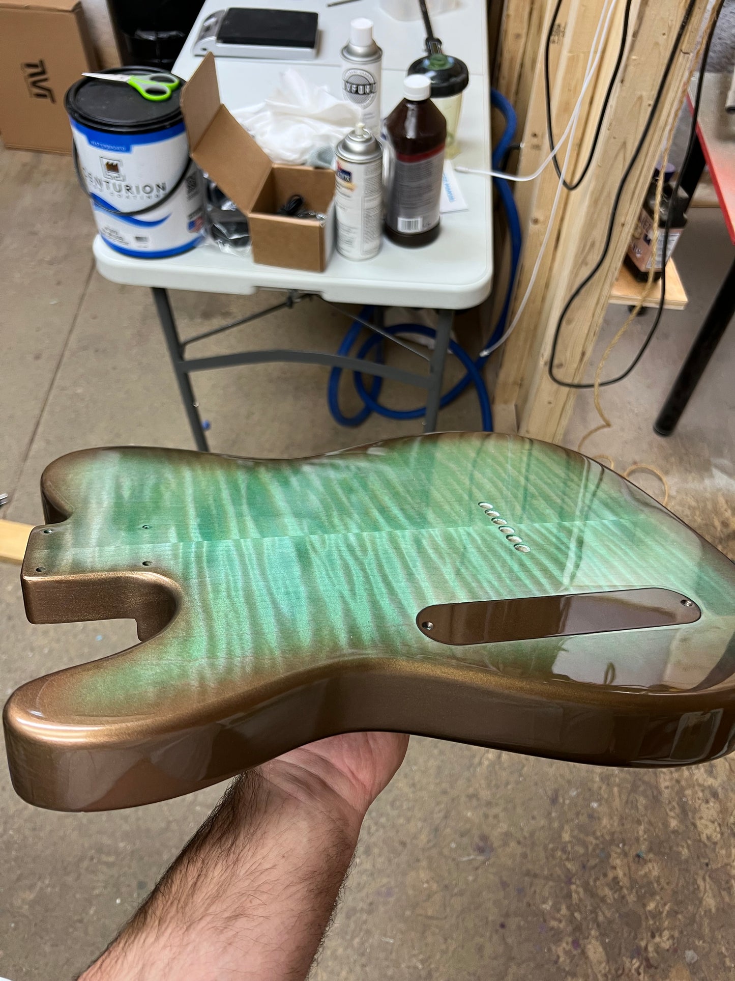 Warmtone CG HH Tele Style Guitar Body Front and Back Flamed Maple “Green Flames” 3.97 lb