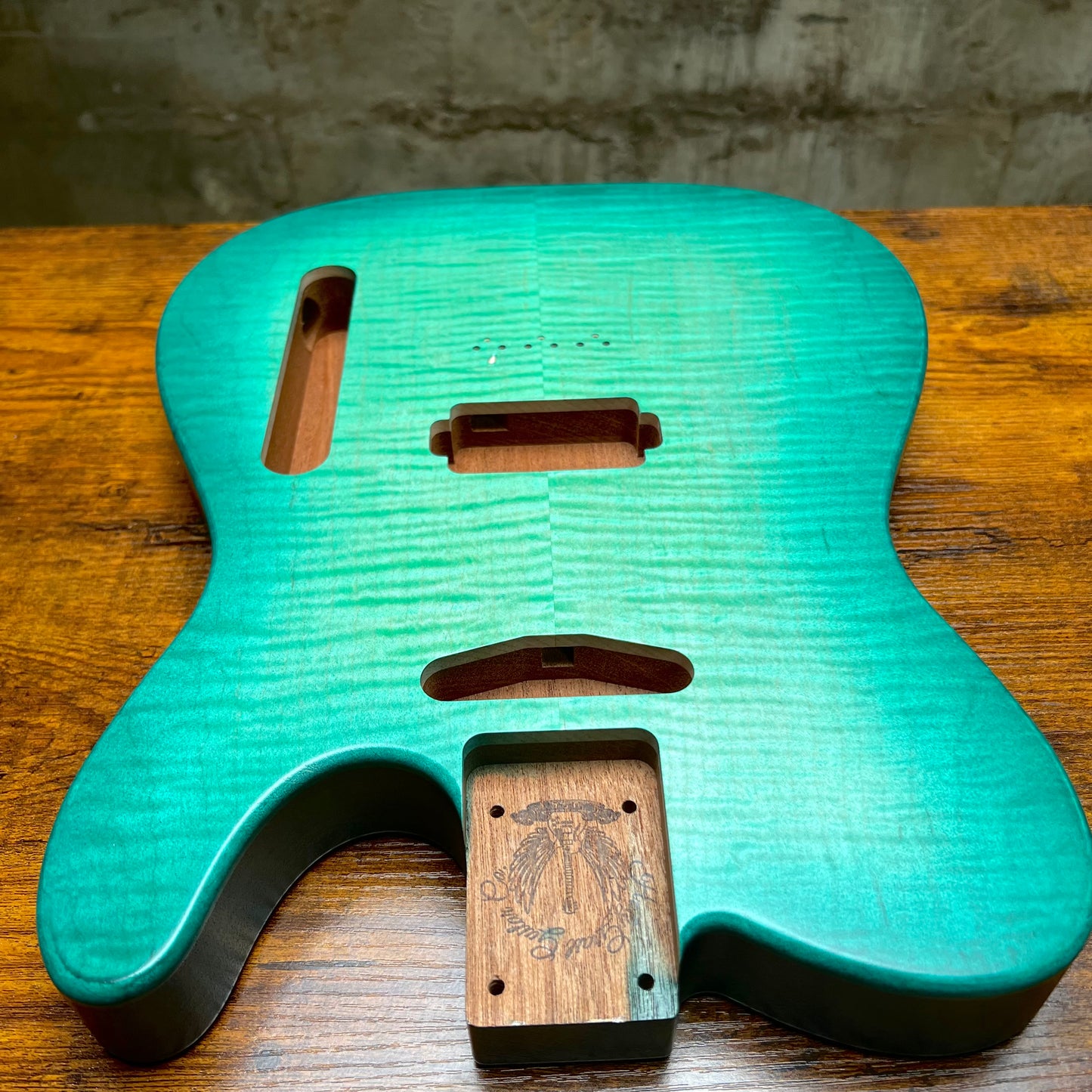 Holy Grail Guitars Tele Flamed Maple Guitar Body “Aqua Green” 1 pc Mahogany