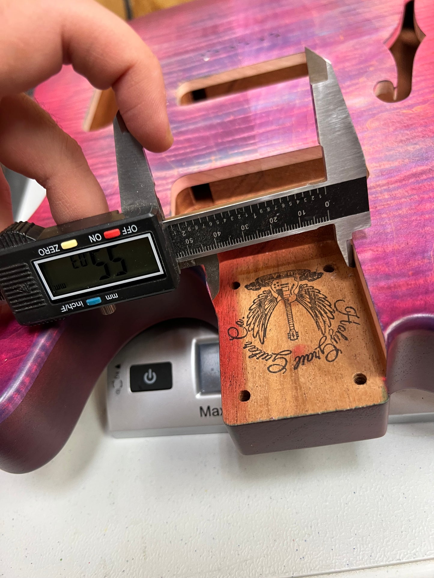 Holy Grail Guitars Tele Style Guitar Body “Purple Flames”Flamed Maple p90