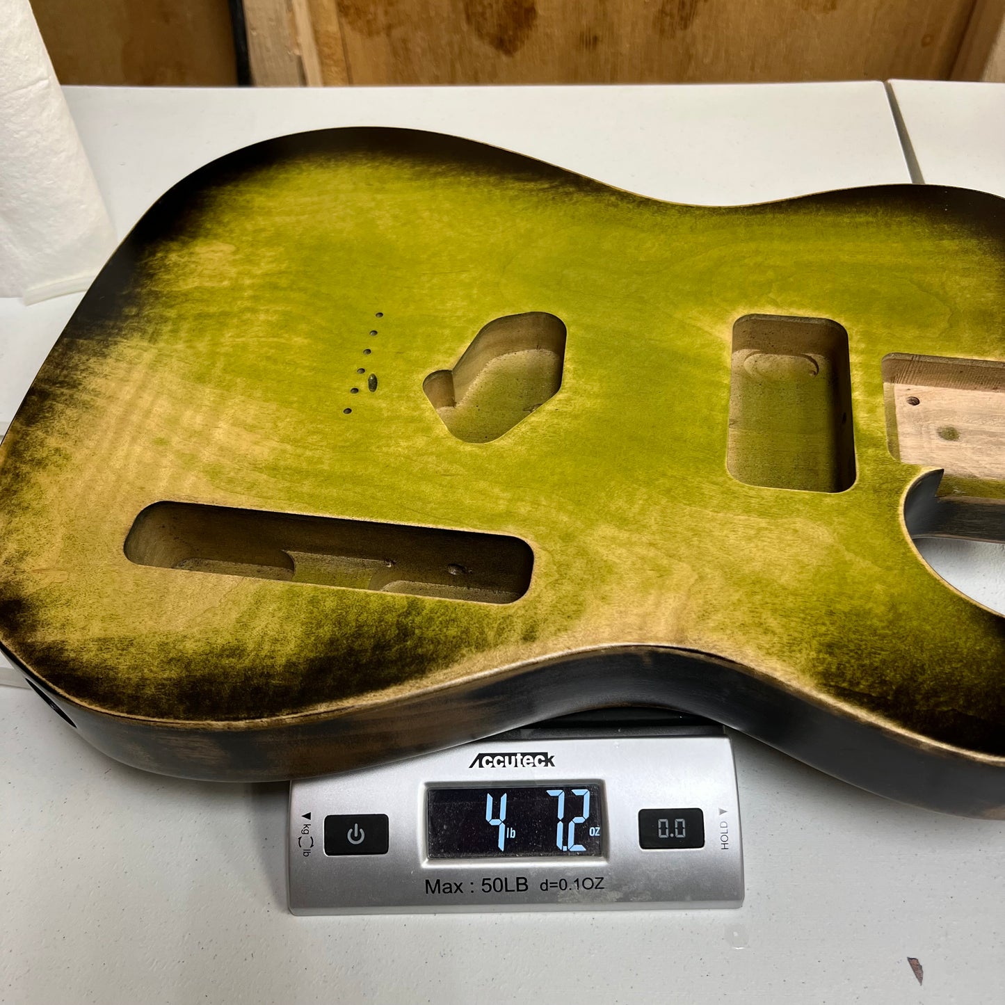 Warmtone Custom Guitars Relic Tele Style Guitar Body “Green Relic Burst” Nitro Flamed Maple