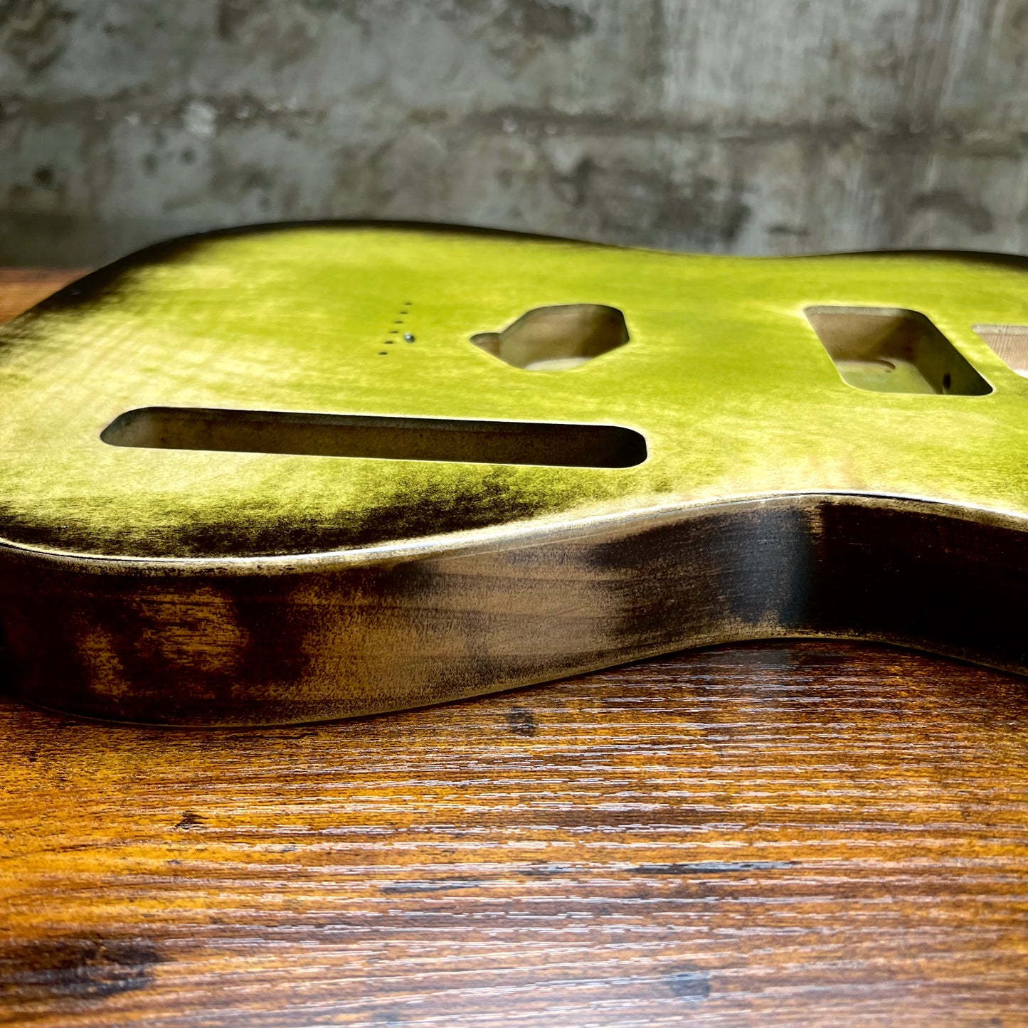 Warmtone Custom Guitars Relic Tele Style Guitar Body “Green Relic Burst” Nitro Flamed Maple