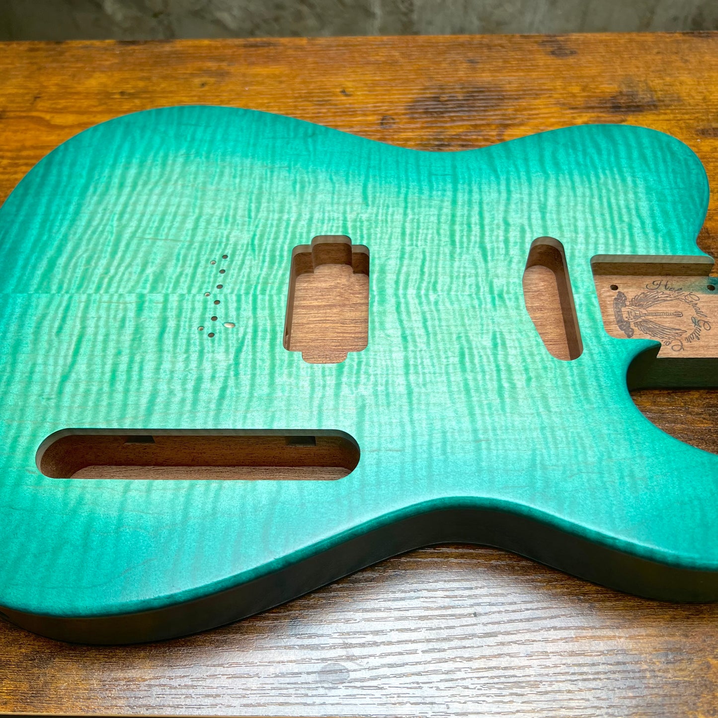 Holy Grail Guitars Tele Flamed Maple Guitar Body “Aqua Green” 1 pc Mahogany