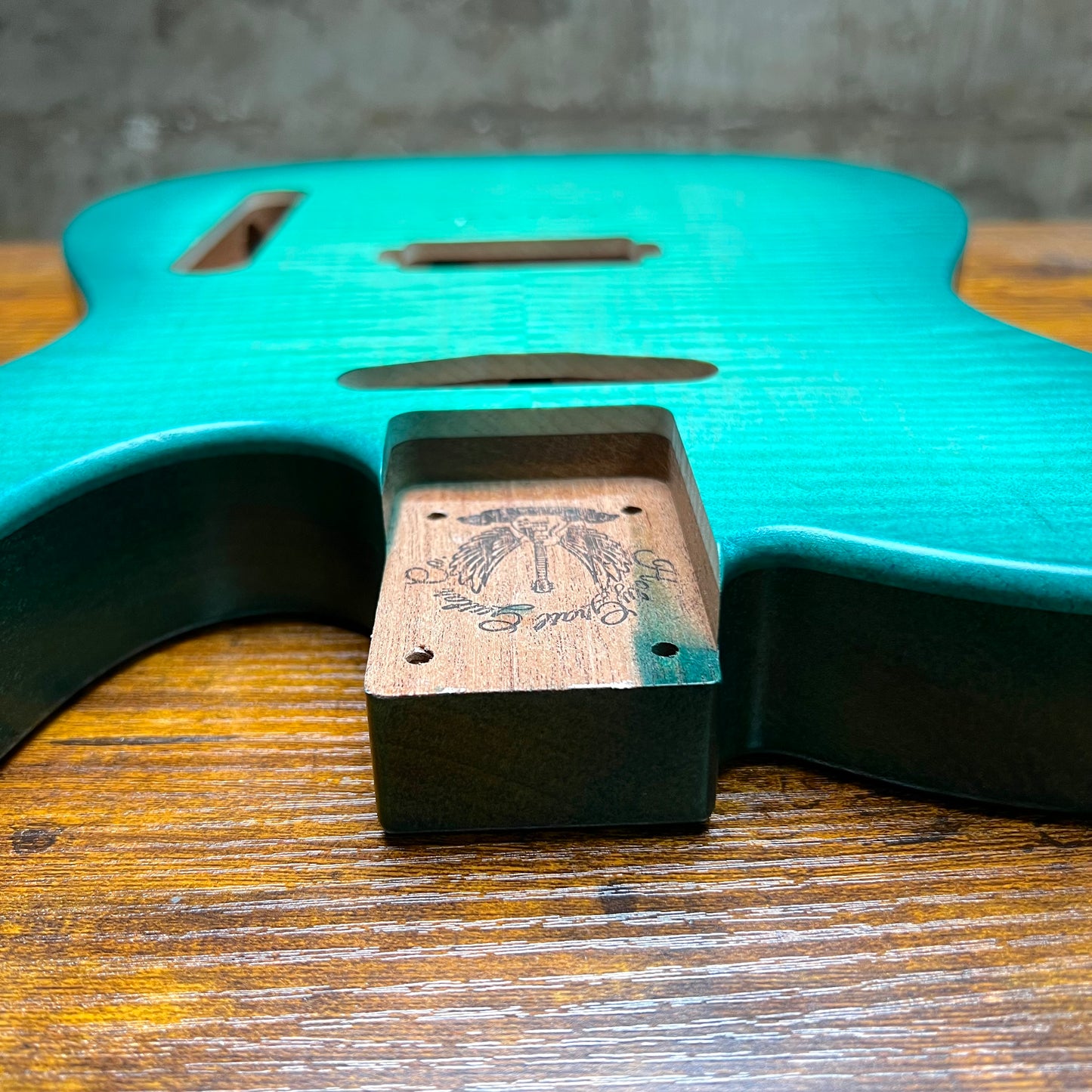 Holy Grail Guitars Tele Flamed Maple Guitar Body “Aqua Green” 1 pc Mahogany