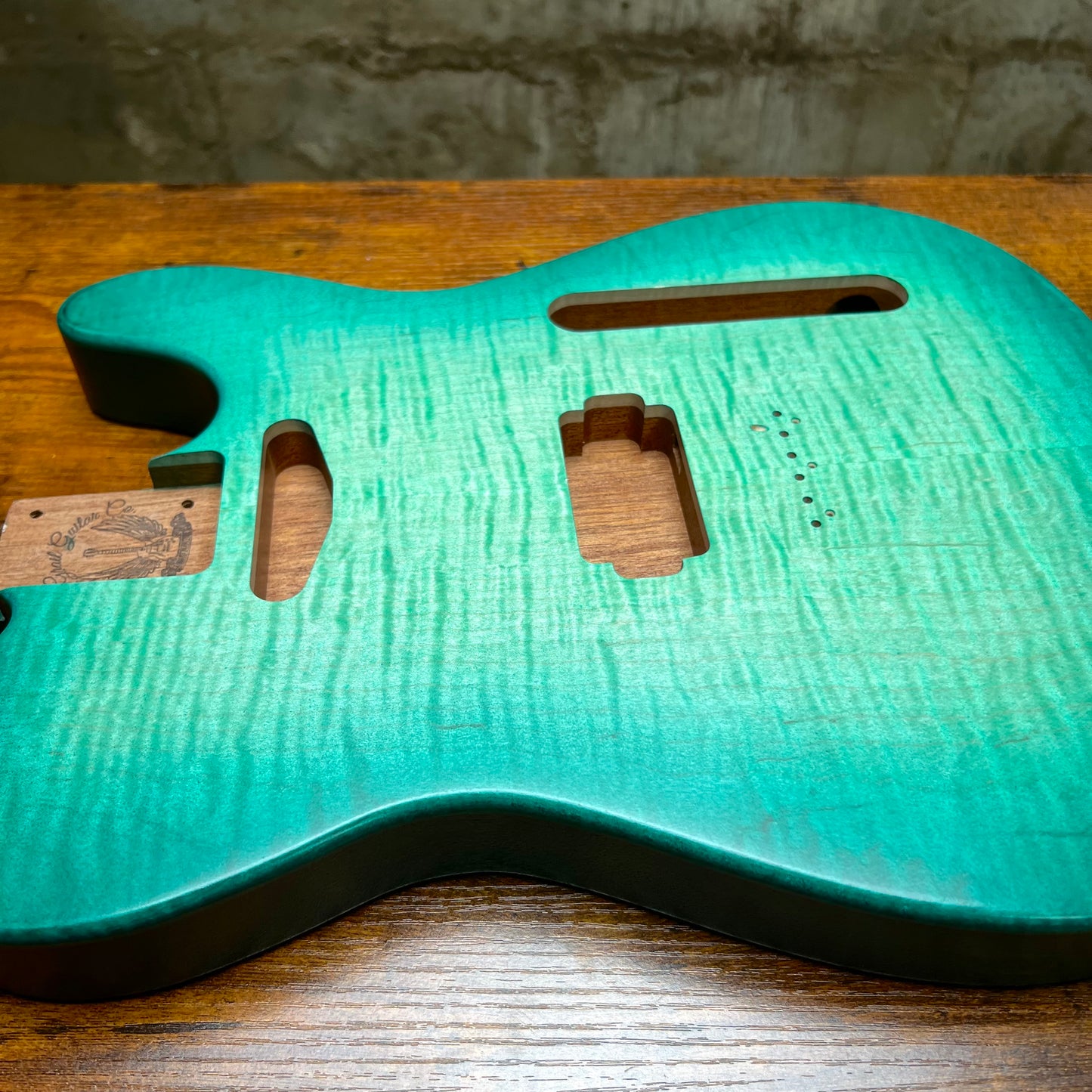 Holy Grail Guitars Tele Flamed Maple Guitar Body “Aqua Green” 1 pc Mahogany