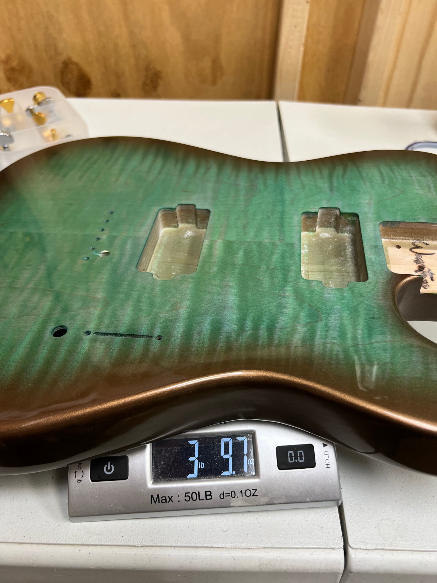 Warmtone CG HH Tele Style Guitar Body Front and Back Flamed Maple “Green Flames” 3.97 lb