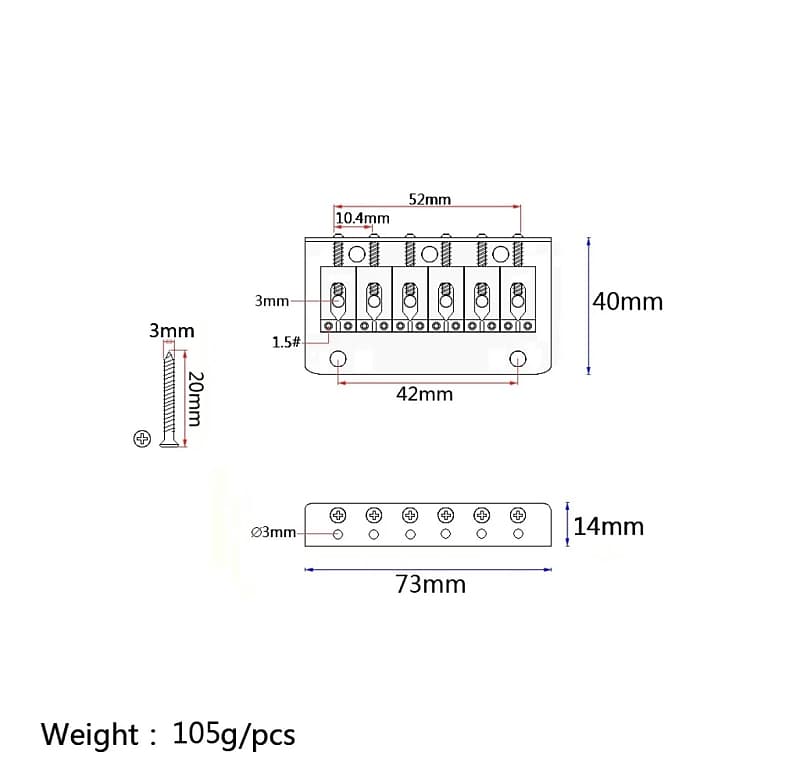 Bridge dimensions diagram: 73mm x 40mm layout with screw-size measurements