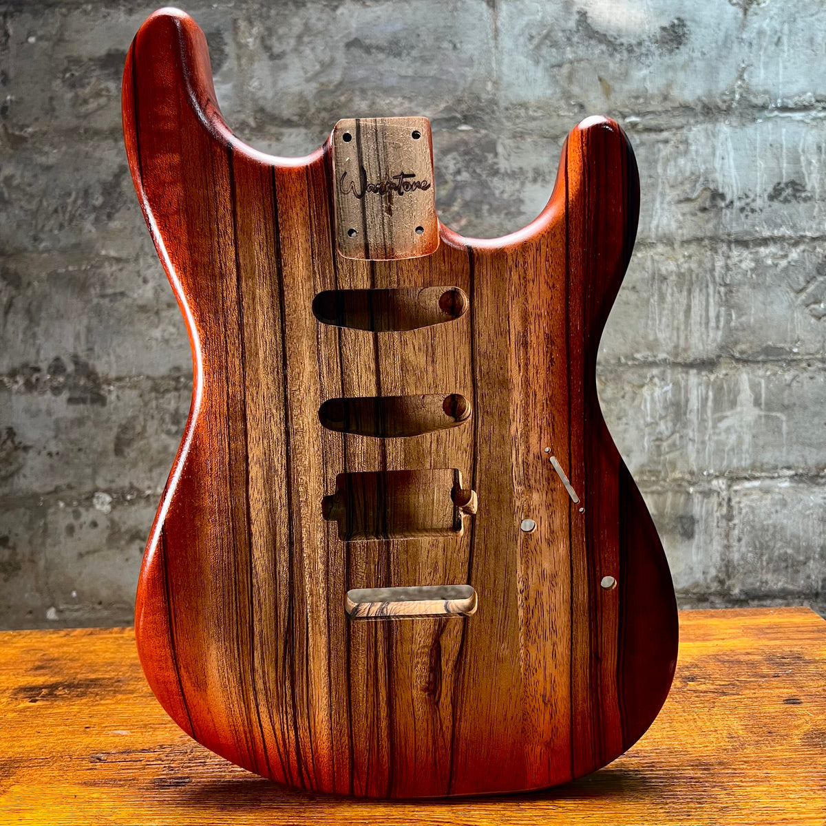 Strat-style guitar body rear view with mounting plate and dark control route channels