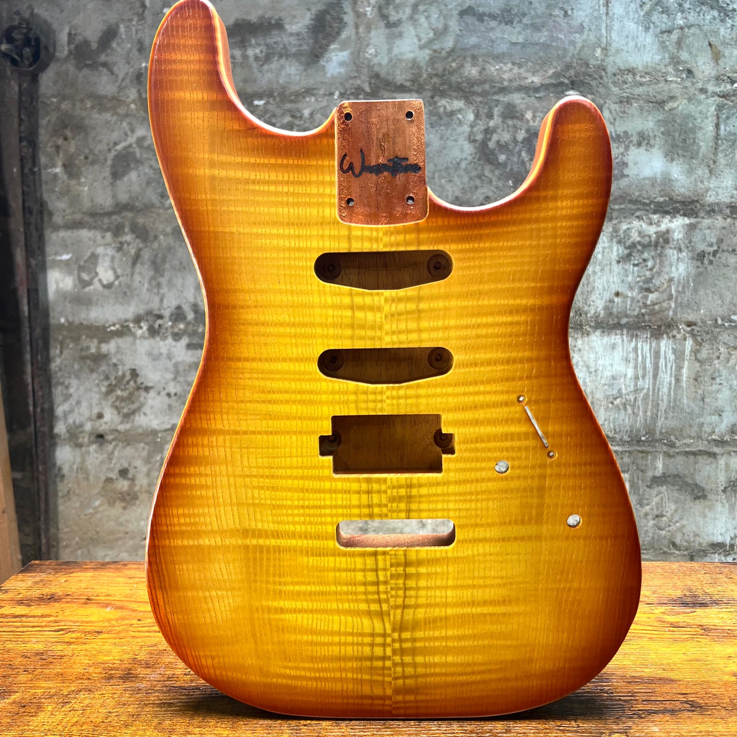 Warmtone CG Hss Strat Style Guitar Body Flamed Maple “Sunrise” 4.5lbs