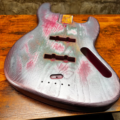 Replacement J Bass body, silvery with pink and green relic finish, front routing and holes
