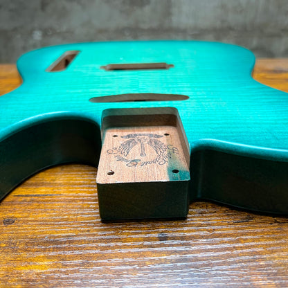 Holy Grail Guitars Tele Flamed Maple Guitar Body “Aqua Green” 1 pc Mahogany