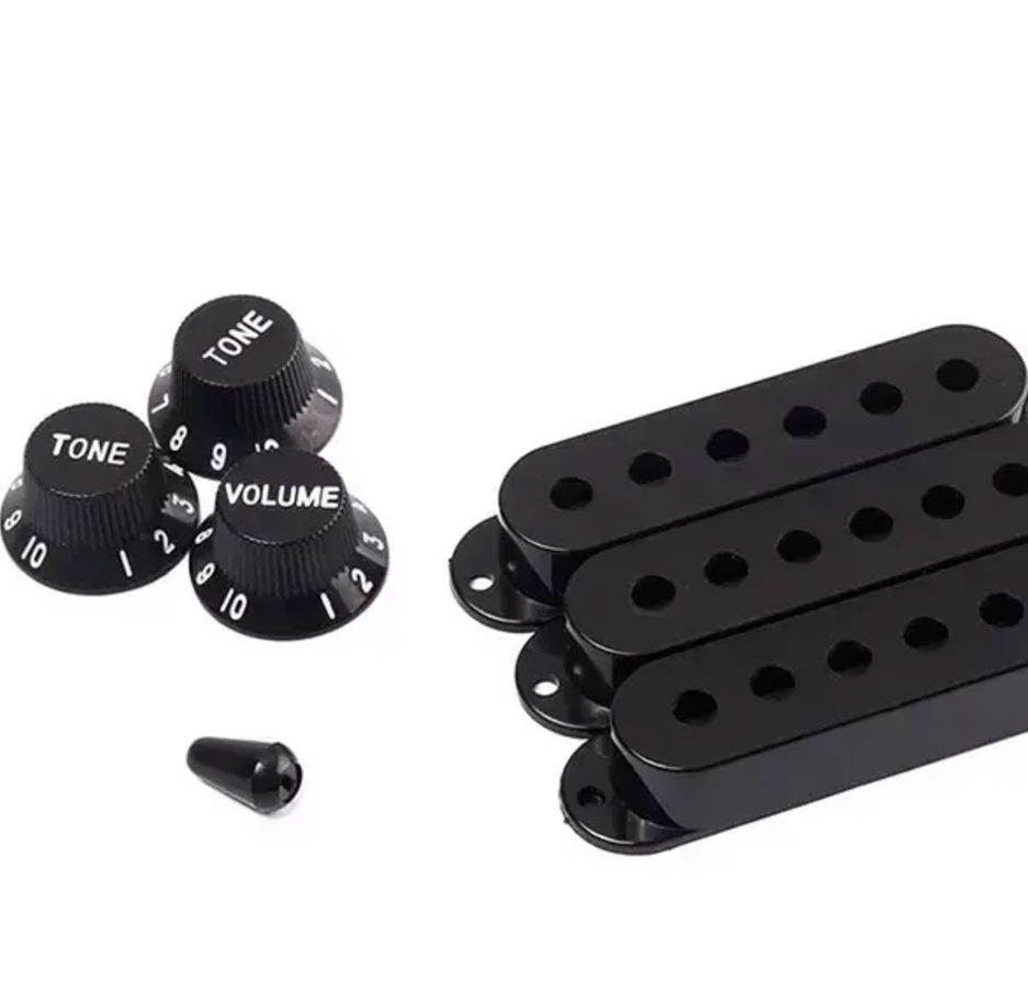 Black Strat Pickup Covers Knobs and 5 Way Switch Tip Cap