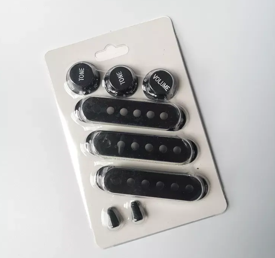 Black Strat Pickup Covers Knobs and 5 Way Switch Tip Cap