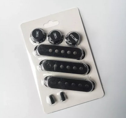 Black Strat Pickup Covers Knobs and 5 Way Switch Tip Cap