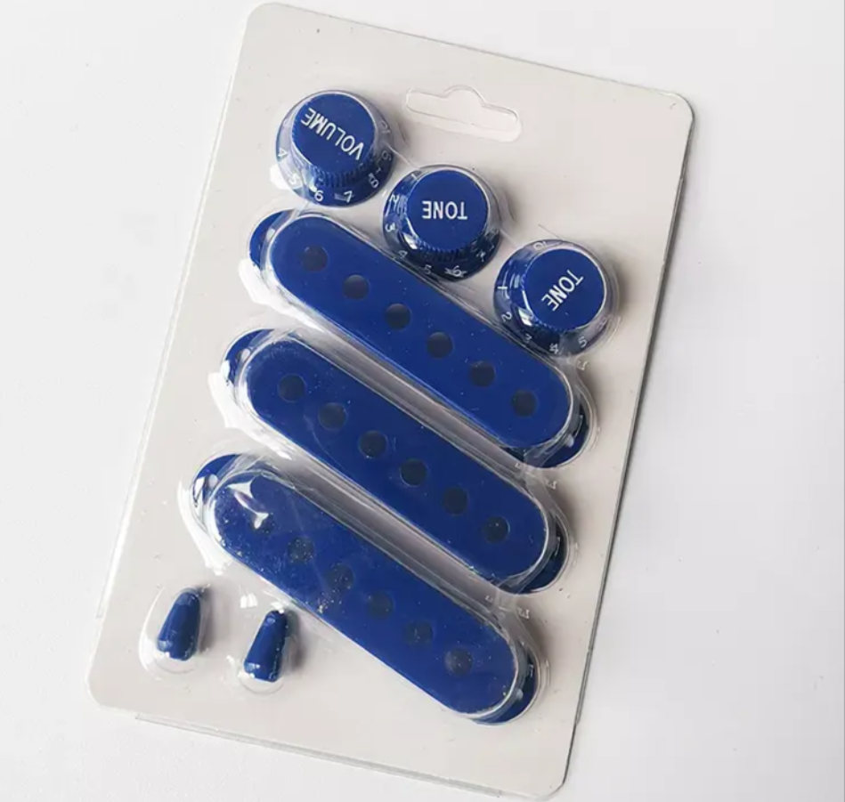 Blue Strat Pickup Covers Knobs and 5 Way Switch Tip Cap