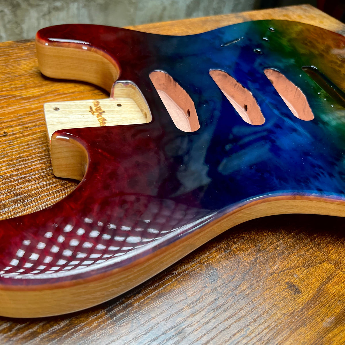 Warmtone CG SSS Strat Style Guitar Body Burl Rainbow “Sunset” 4.5lbs