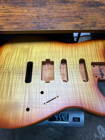 Warmtone CG Hss Strat Style Guitar Body Flamed Maple “Sunrise” 4.5lbs