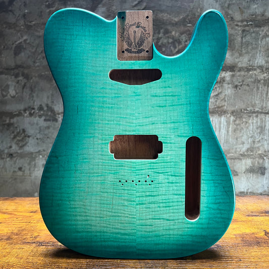 Holy Grail Guitars Tele Flamed Maple Guitar Body “Aqua Green” 1 pc Mahogany