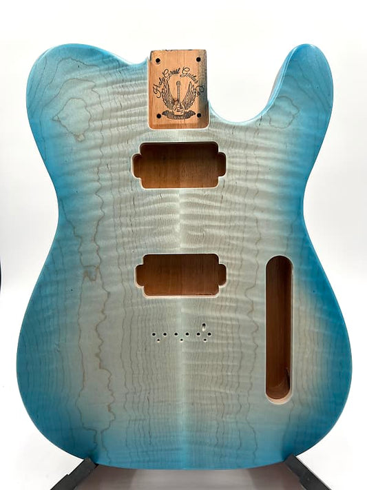 Beautiful flamed maple burst on a Honduran Mahogany back, finished in a satin finish