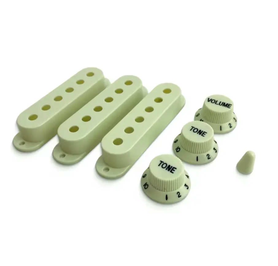 Mint Strat Pickup Covers Knobs and 5 Way Switch Tip Cap