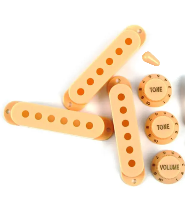 Orange Cream Strat Pickup Covers Knobs and 5 Way Switch Tip Cap