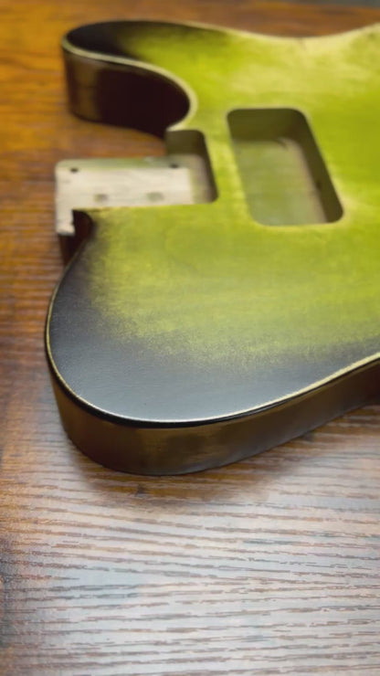 Warmtone Custom Guitars Relic Tele Style Guitar Body “Green Relic Burst” Nitro Flamed Maple