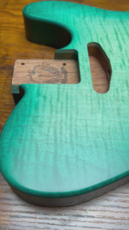 Holy Grail Guitars Tele Flamed Maple Guitar Body “Aqua Green” 1 pc Mahogany